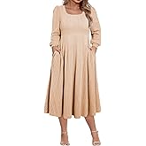 Eytino Womens Plus Size Dress Square Neck Long Sleeve Midi Sweater Dresses with Pockets(1X-5X)