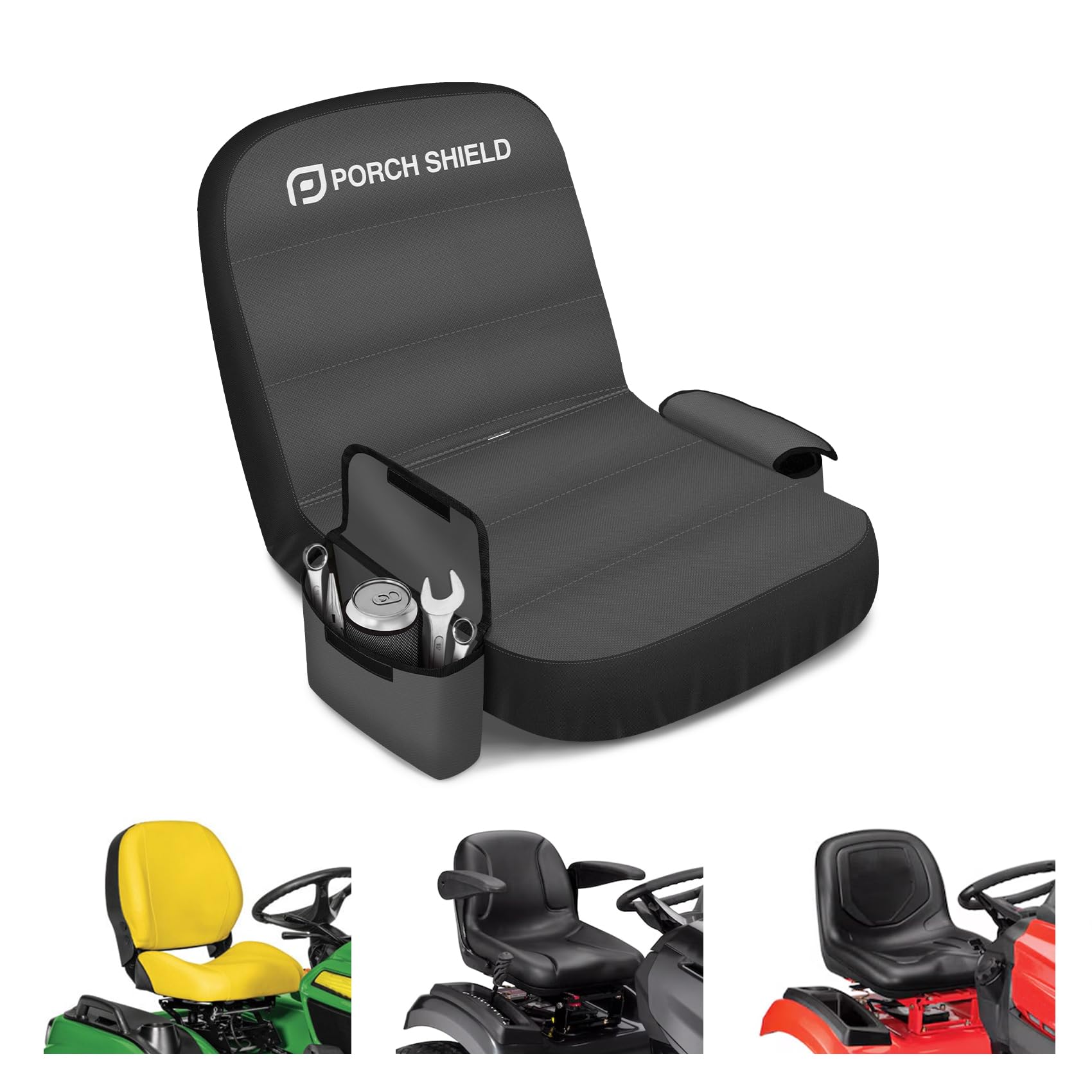 Photo 1 of Porch Shield Tractor Seat Cover – Waterproof Riding Lawn Mower Seat Cover with Buffer Base Lawnmower Seat Replacement Up to 15” Black and Gray