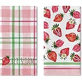 Croar Strawberry Kitchen Dish Towels Set of 2, Pink Green Buffalo Plaid Fruit Let's Jam Drying Hand Towel Baking Cooking Cloth, Spring Summer Farmhouse Bathroom Home Decoration 18'' x 26''