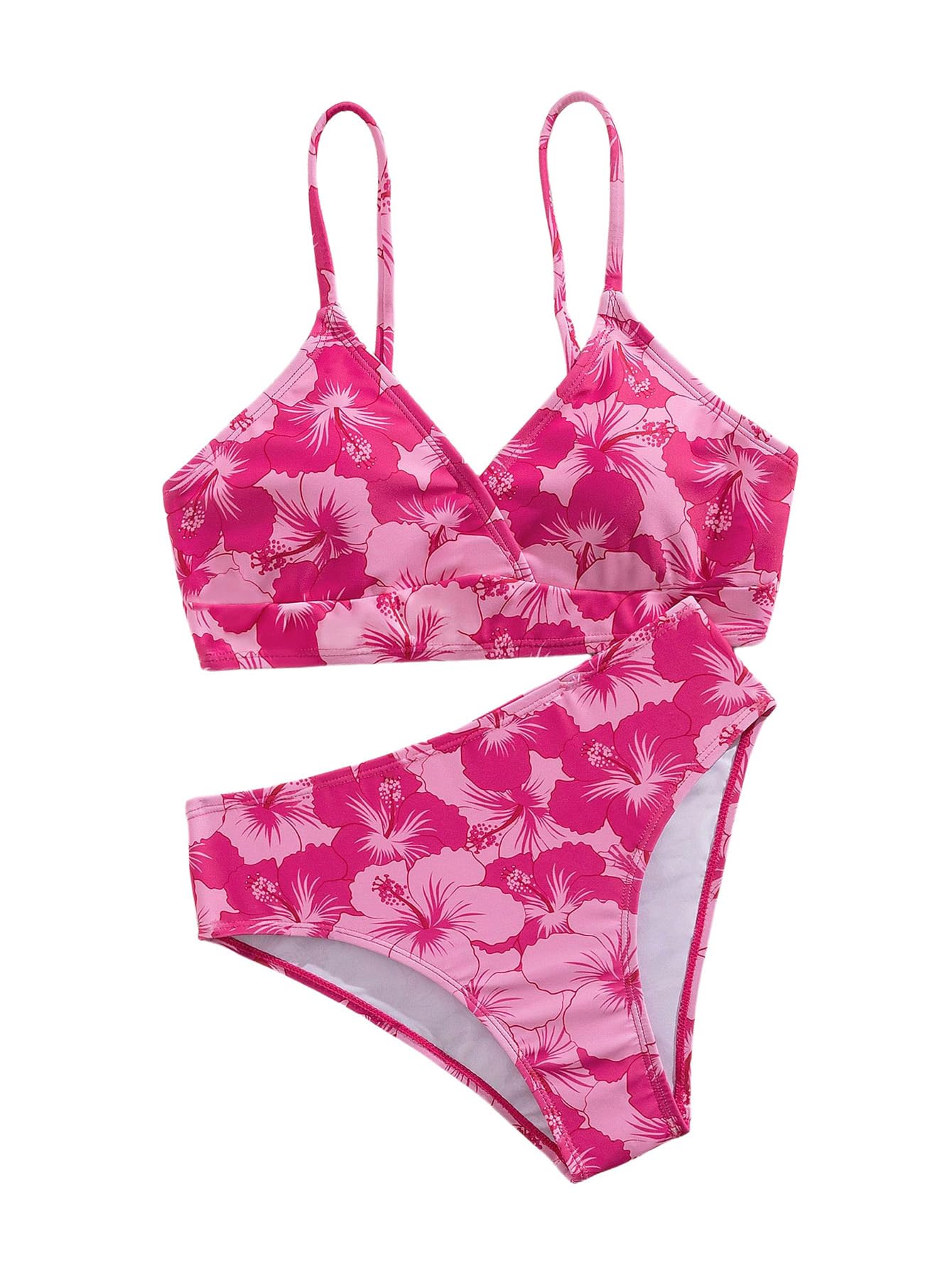 Photo 1 of MakeMeChic Girl's Floral Bikini Set V Neck Wrap Backless Summer Bathing Suit 2 Piece Swimsuit Pink 12Y