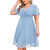 ZOMVA Plus Size Sparkly Mesh Dress A Line Ruffle Sleeve V Neck Wrap Short Glitter Dresses Wedding Guest Cocktail Party