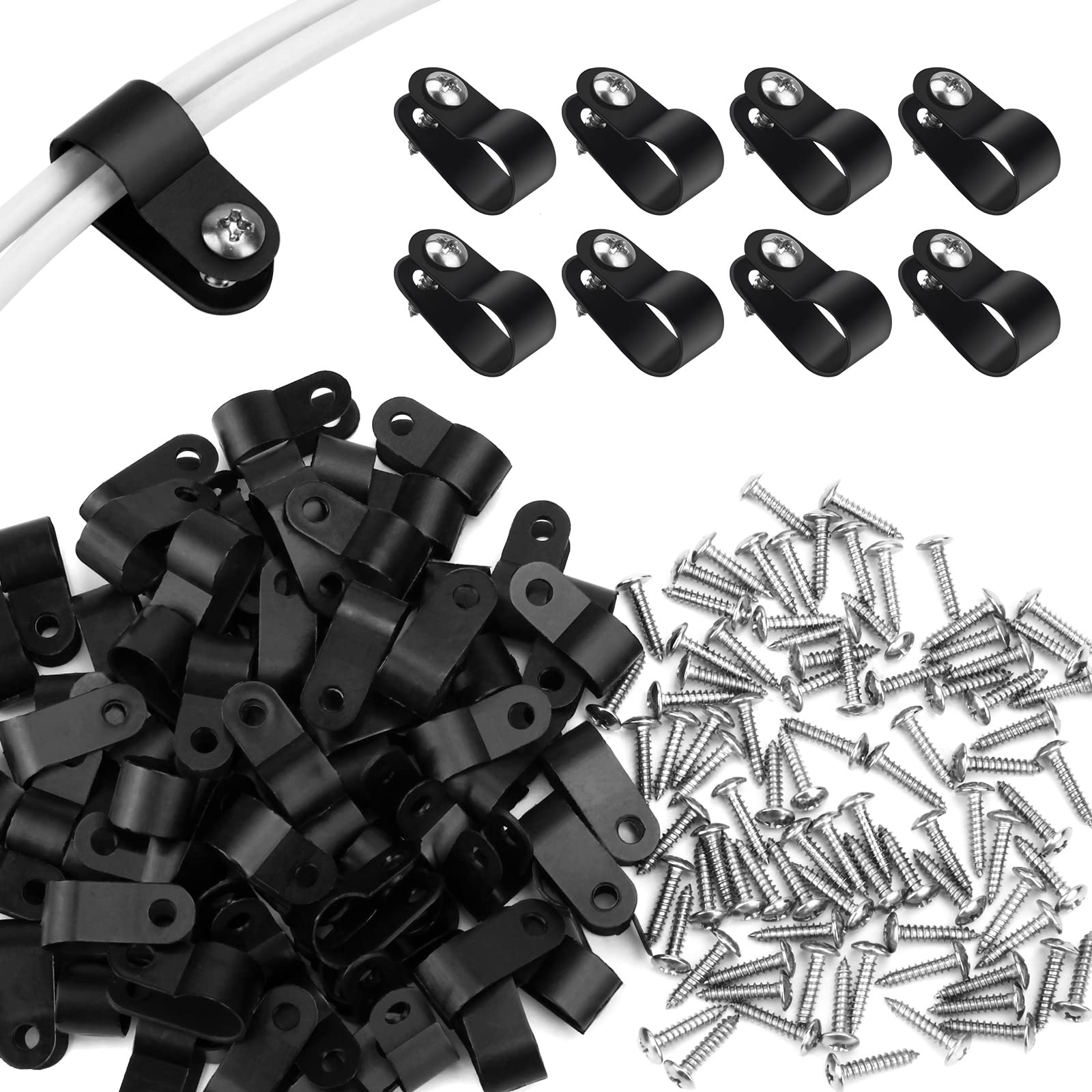 CVIUYO 120PCS Cable Clips, 1/4 Inch R-Type Outdoor Light Clips with Stainless Steel Screws, Cable Organiser Cable Management for Indoor Outdoor Electrical Wire Clamp Organizer Cable