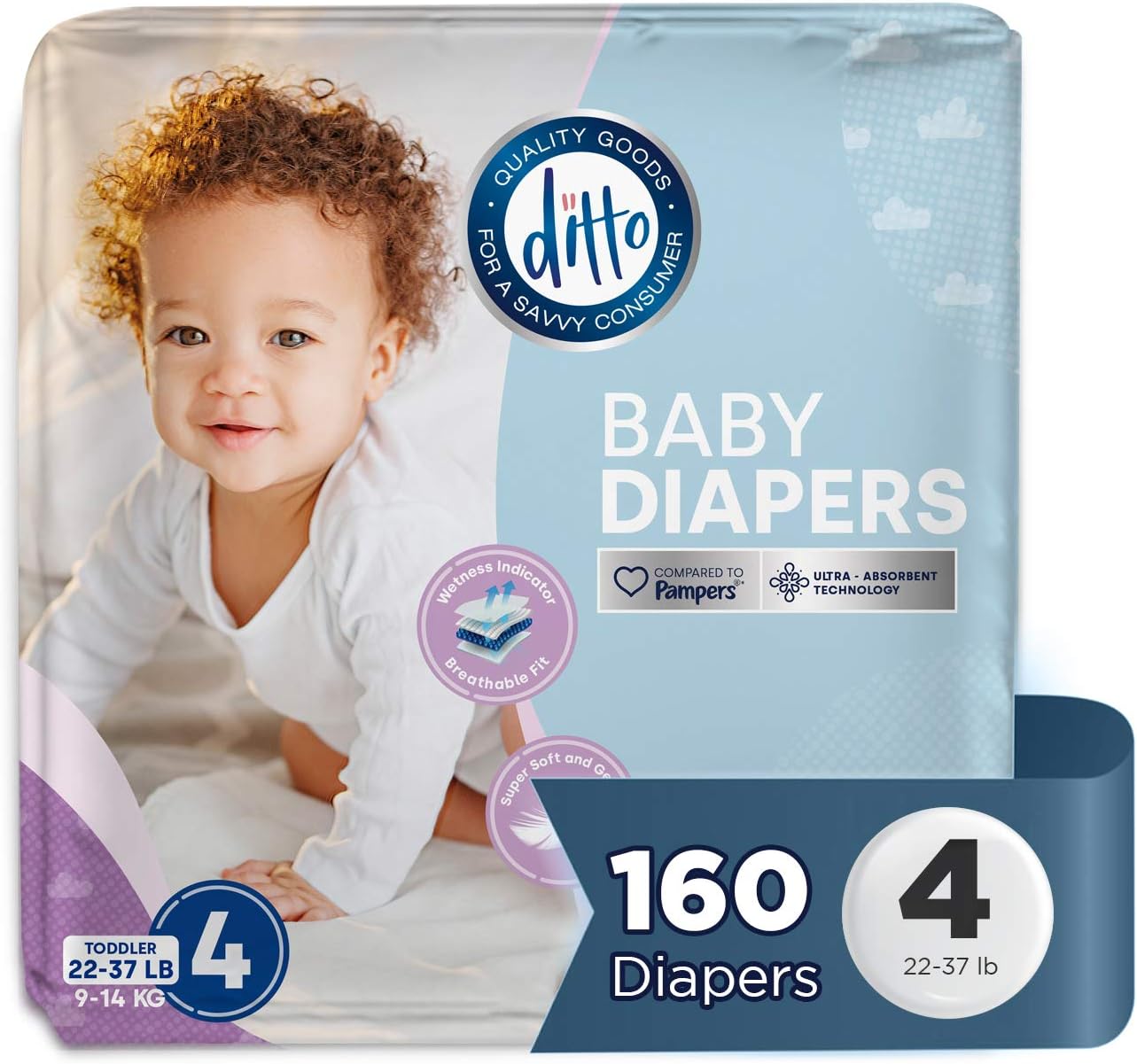 Ditto Baby Diapers Size 4 (160 Count) – Breathable Disposable Diapers – 12-Hour Leak Protection & Wetness Indicator – Overnight Diapers for Sensitive Skin – No Fragrance, Chlorine, Parabens or Latex: Health & Personal Care