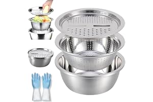 German Quality 3-in-1 Stainless Steel Grater Bowl, Grading and Slicing Bowl Set with Colander and Mixing Basin, Professional 