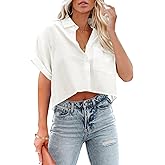 Tankaneo Womens Button Down Cropped Shirts Long Sleeve Casual Crop Tops Solid Lapel Blouse Shirt with Chest Pocket