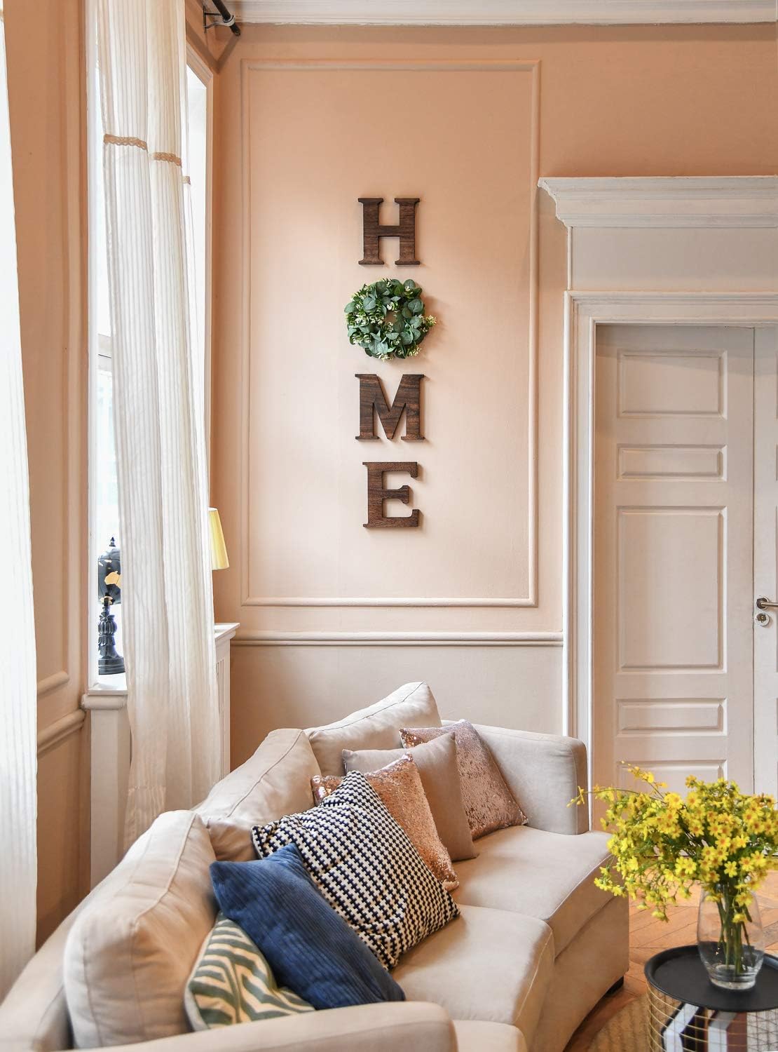 Mkono Wall Hanging Wood Home Sign with Artificial Eucalyptus for O Rustic Wooden Home Hanging Letters Decorative Wall Decor Signs for Living Room House, 9.8''H x 8.5''W, Brown: Office Products