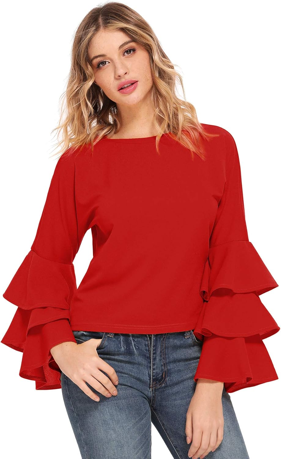 SheIn Women's Round Neck Ruffle Long Sleeve Blouse