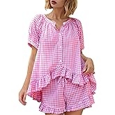 Yimoon Womens Gingham Pajamas Set Plaid Cotton Pj Set Puff Sleeve Ruffle Babydoll Shirt Shorts Summer 2 Piece Outfits
