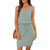 MEROKEETY Women's Summer Mini Sundress Casual Waffle Knit Square Neck Drawstring Beach Tank Dresses