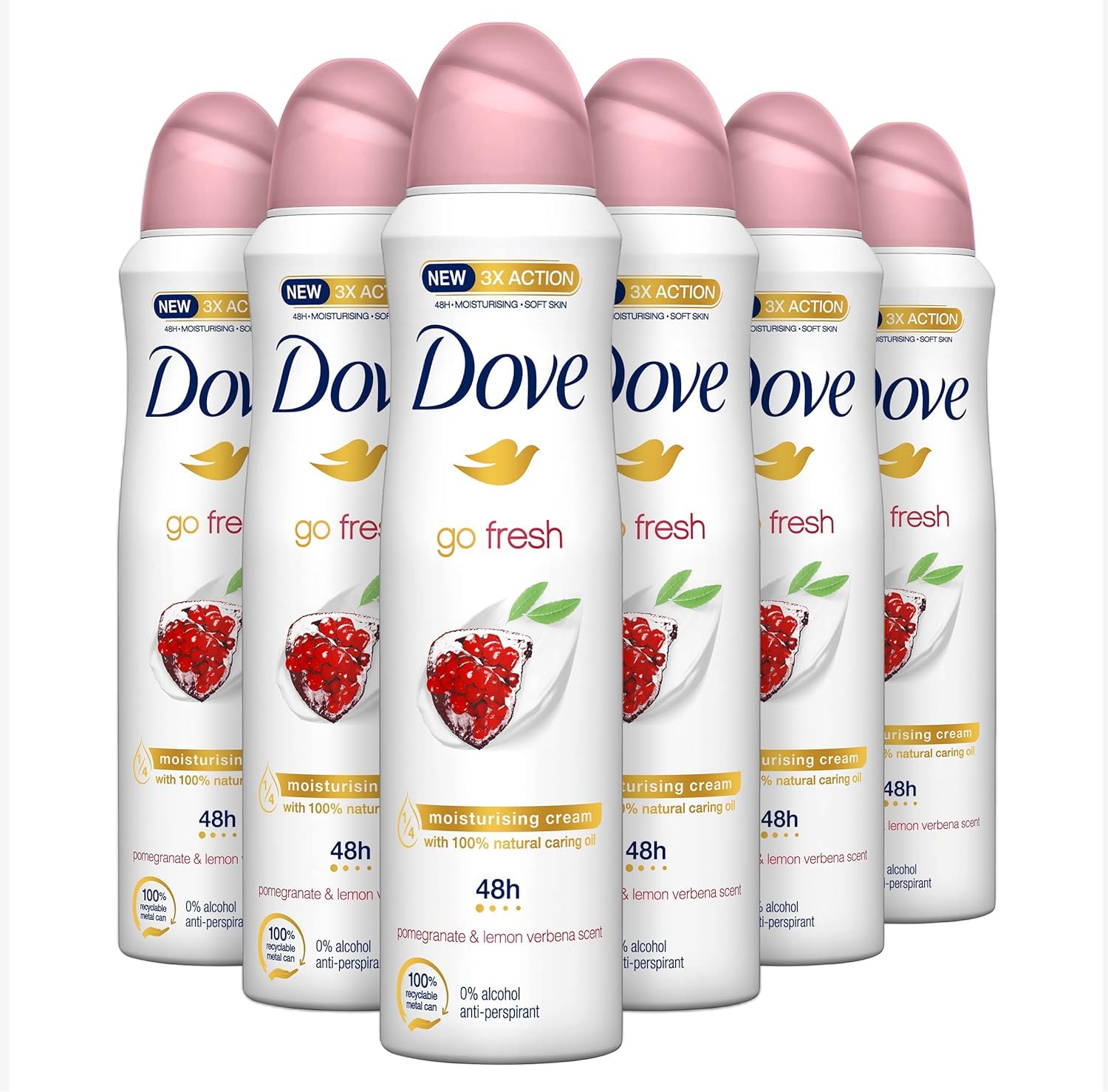 Dove Anti-Perspirant Deodorant Spray Go Fresh Pomegranate Fragrance 0% Alcohol Deodorant Protects 48 Hours Against Body Odour and Underarm Wetness 150 ml Pack of 6
