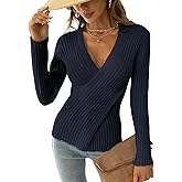 CUPSHE Womens Ribbed Sweaters Surplice Fall Knit Sweater Long Sleeve Wrap Sweater Tops