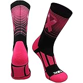 TCK Sublimated Pink Ribbon Breast Cancer Awareness Crew Socks with Stripes for Football Basketball Lacrosse Boys Girls Men