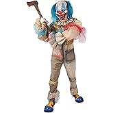 Crazy Clown Costume with Chuck the Clown Mask for Adults - Distressed Jumpsuit with Red & Blue Poms, Blue Hair
