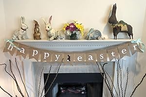 Happy Easter Burlap Banner Garland - Bunny Rabbit & Fluffy Tail Design - Ready to Hang Wall Decor - Complete with Hanging Ribbon Decoration - by Jolly Jon ®