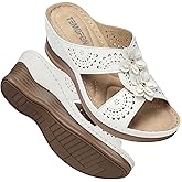 TEMOFON Womens Wedge Sandals Leather: Dressy Sandal, Rubber Sole, Comfortable Walking, Casual Slip on Summer Shoes, Size 5-11