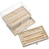 SPAKOWN Necklace Organizer Box, Velvet Necklace Box Holder Tray with Clear Lid Chains Showcase Stackable Necklace Storage for Pendant Bracelet (3 Drawers - Beige)