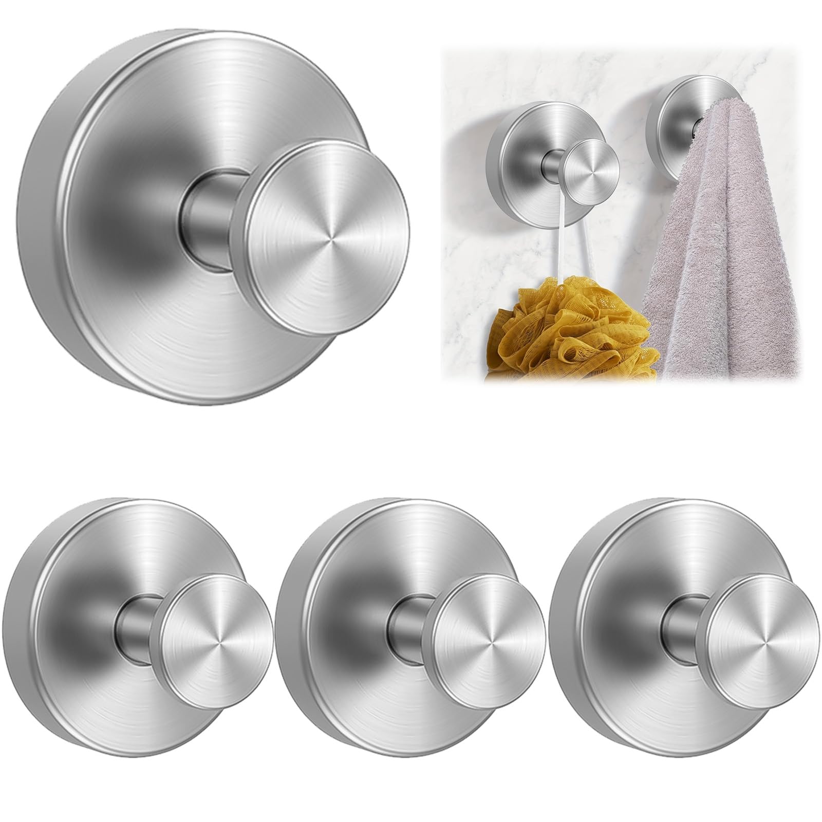 ZOCONE 4 Pcs Suction Hooks No-Drill Stainless Steel Bathroom Towel Suction Cup Hooks | Reusable Vacuum Shower Silver Suction Hooks for Bathroom Kitchen