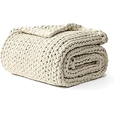 YnM Cotton Weighted Blanket, Handmade Chunky Knitted Design, Soft and Cozy, Temperature Regulating and Breathable, Machine Washable Throw for Sleep or Home Decor (Cream White, 43x50 Inch, 10lbs)