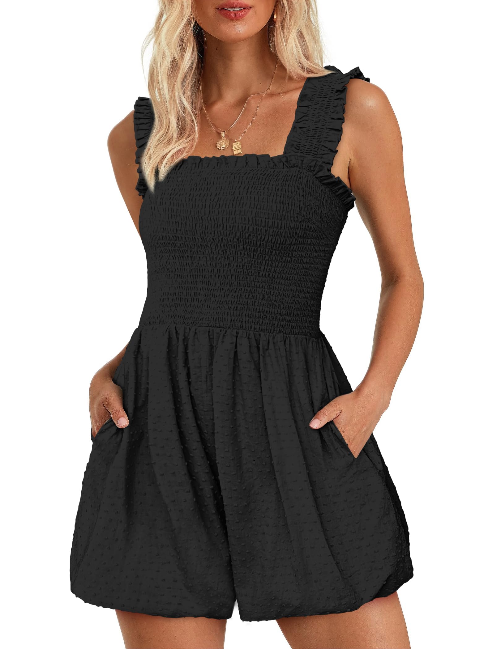 Photo 1 of LOOKBOHO Women's Summer Casual Rompers Solid Sleeveless Jumpsuits Square Neck Bubble Shorts with Pockets Black L