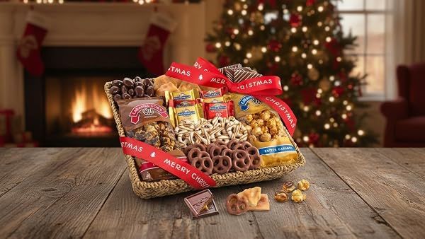 A GIFT INSIDE MERRY CHRISTMAS CHOCOLATE CARAMEL AND CRUNCH GRAND GIFT BASKET