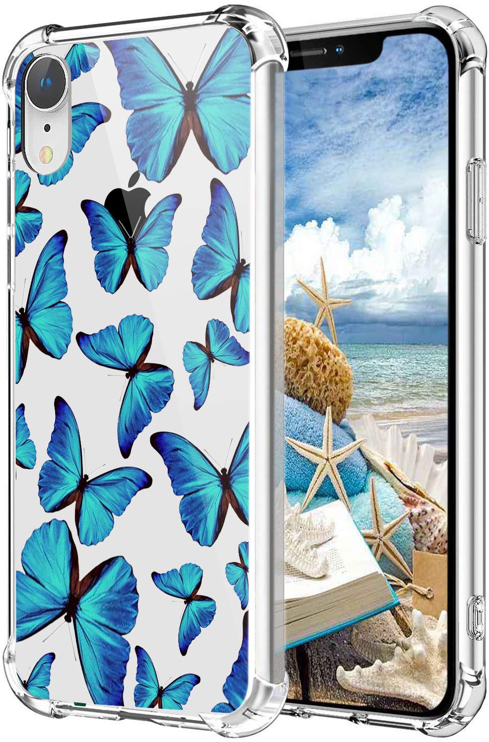 MAYCARI Blue Butterfly Case Clear for iPhone XR, Art Animals Transparent Shockproof Anti-Scratch Soft Flexible TPU Cover with Air Cushion for Men&Women