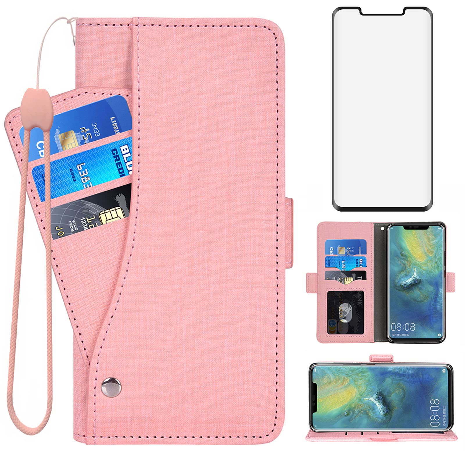 Asuwish Compatible with Huawei Mate 20 Pro Wallet Case Tempered Glass Screen Protector and Leather Flip Cover Card Holder Cell Accessories Phone Cases for Hawaii Mate20Pro Mate20 20Pro Women Men Pink — image 1