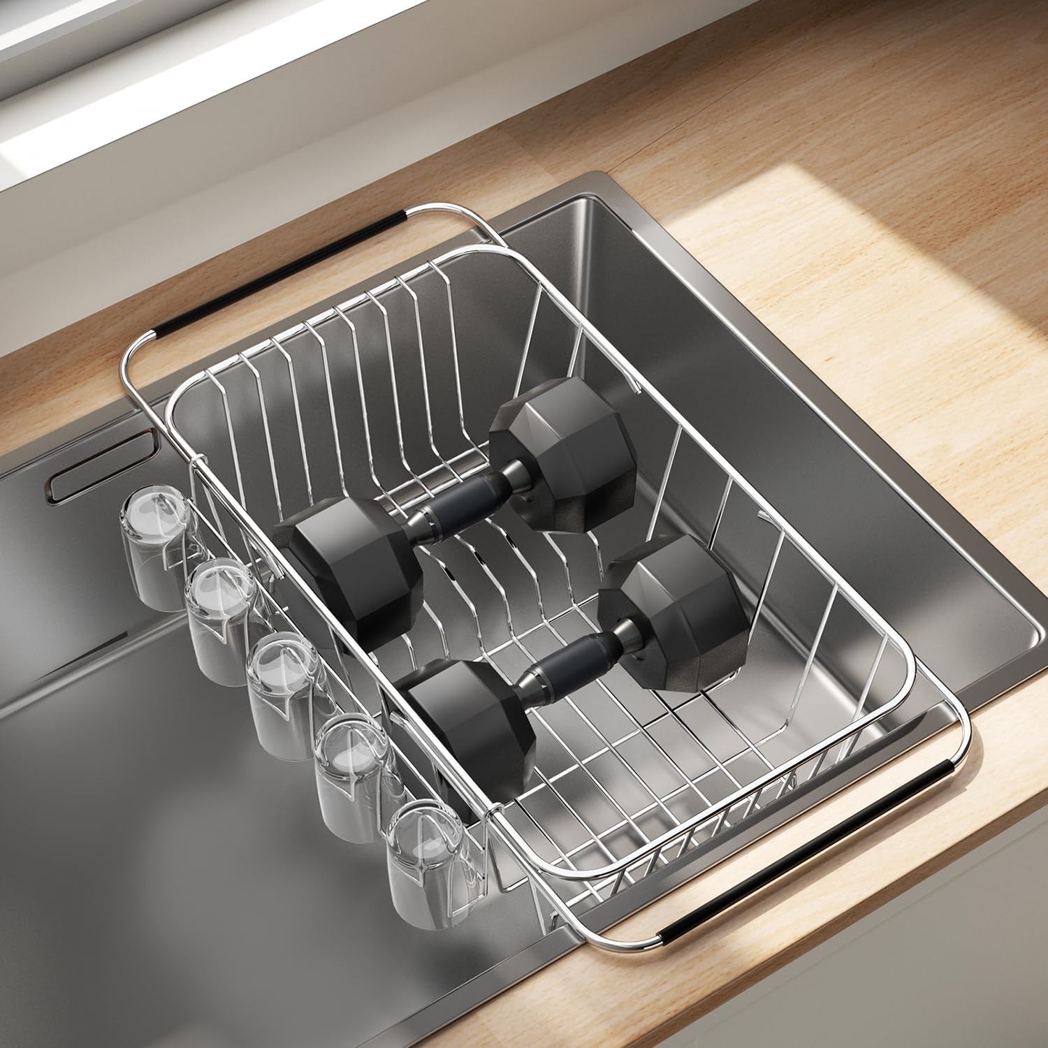 Small Dish Drying Rack in Sink, Extendable Stainless Steel Dish Drainers for Kitchen Counter, Anti-Rust Dish Dryer Rack with Utensil & Cup Holders, for Inside Sink, Over The Sink(for 1-2 People)