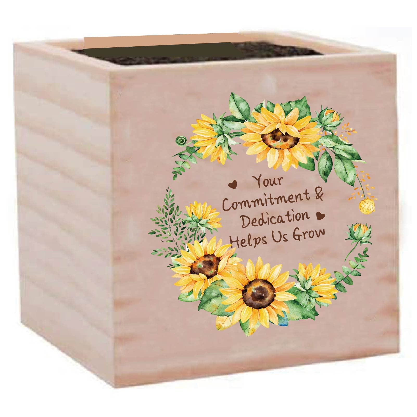 CREATCABIN Sunflower Wood Planter Box Cube Flower Pot Square Small Rustic Home Desk Decor for Garden Indoor Outdoor Plants Teacher Parents Gift 3 x 3 Inch-Your Commitment and Dedication Helps Us Grow