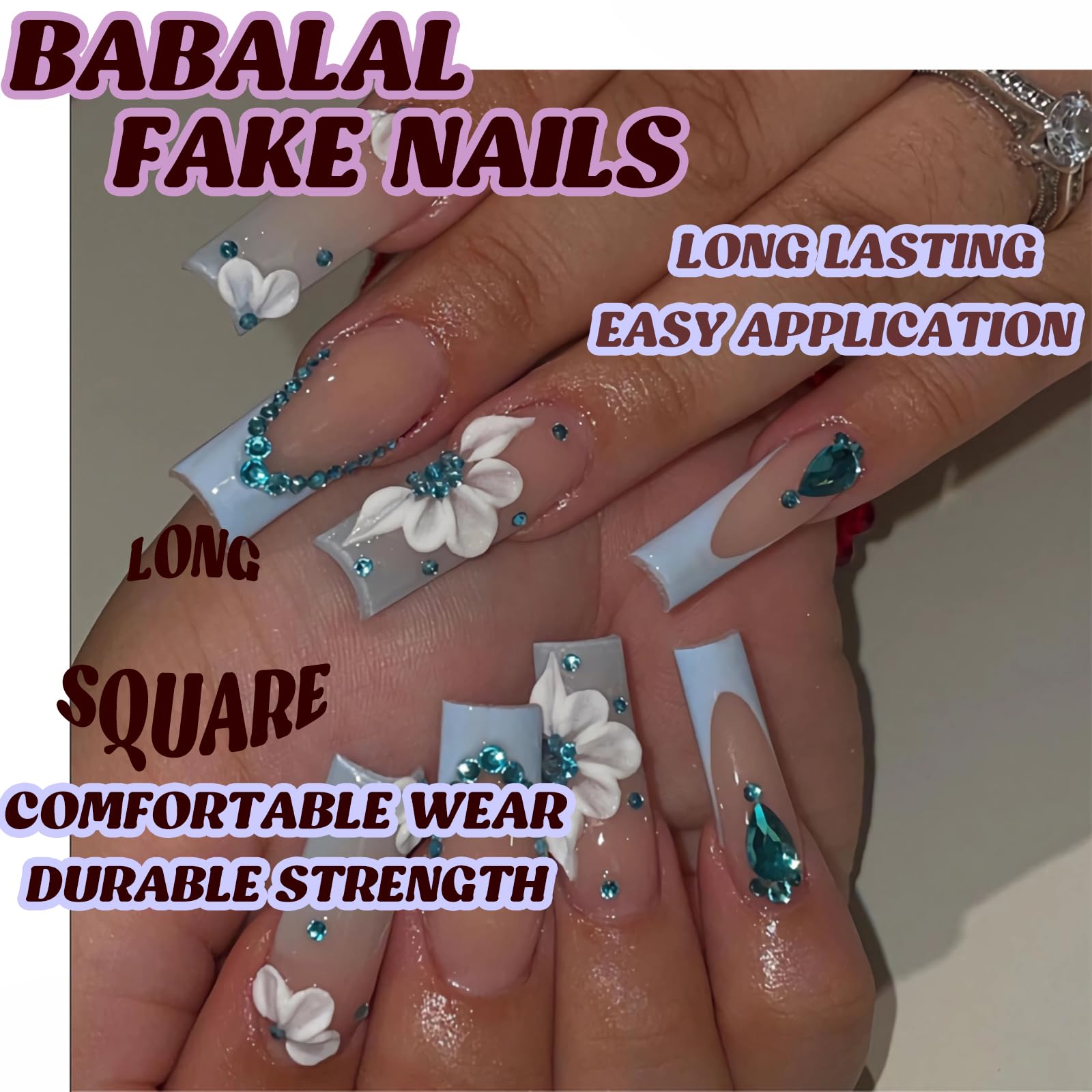 BABALAL Blue Press On Square French Tip Glue On Nails - 24Pcs Bling Rhinestone Full Cover False Nails with 3D Flower Design & Acrylic Finish - Image 5