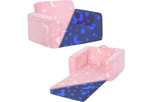 Welnow 2-in-1 Kids Sofa Chair, Glow in The Dark Convertible Toddler Chair Flip Out Children Sofa Chair Folding Kids Play Sofa with Side Pockets & Removable Cover Armrest Chair for Girl or Boy