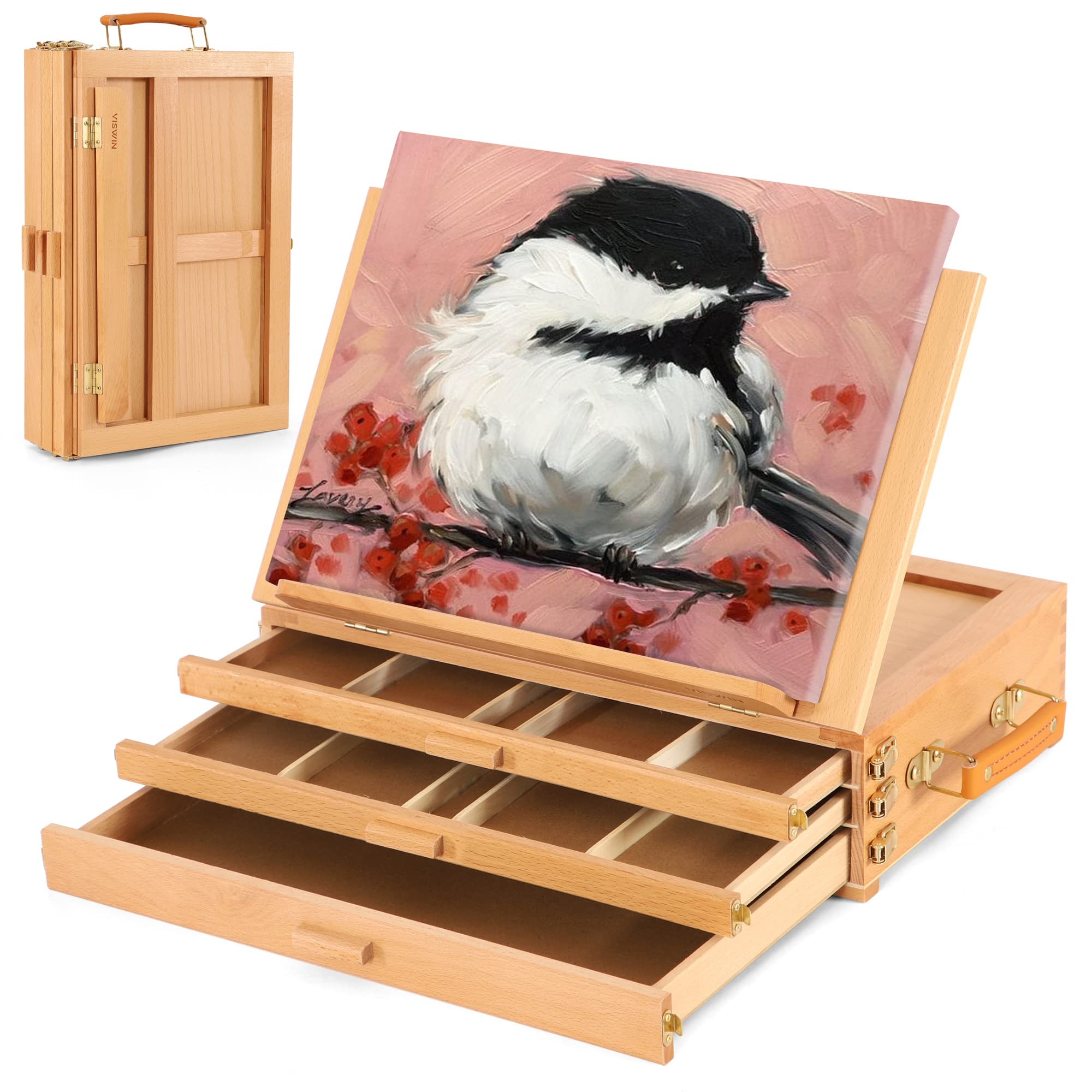 Photo 1 of VISWIN Large Tabletop Easel with 3 Storage Drawers, Adjustable Beech Wood Table Top Easel for Painting, Portable Sketch Box for Art Supplies, Desktop Travel Art Easel for Adults, Artists, Students