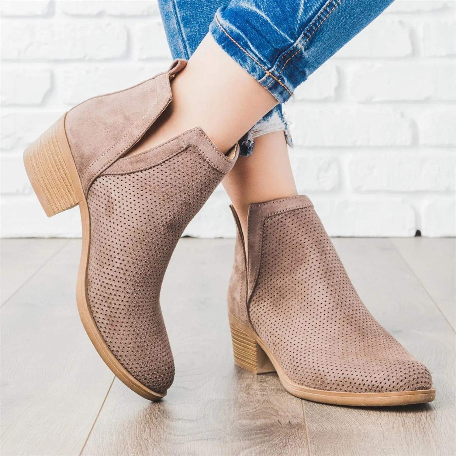 Womens Perforated Cutout Fall Booties Chunky Block Heels Slip on Ankle Short Boots Dark Brown - Image 4