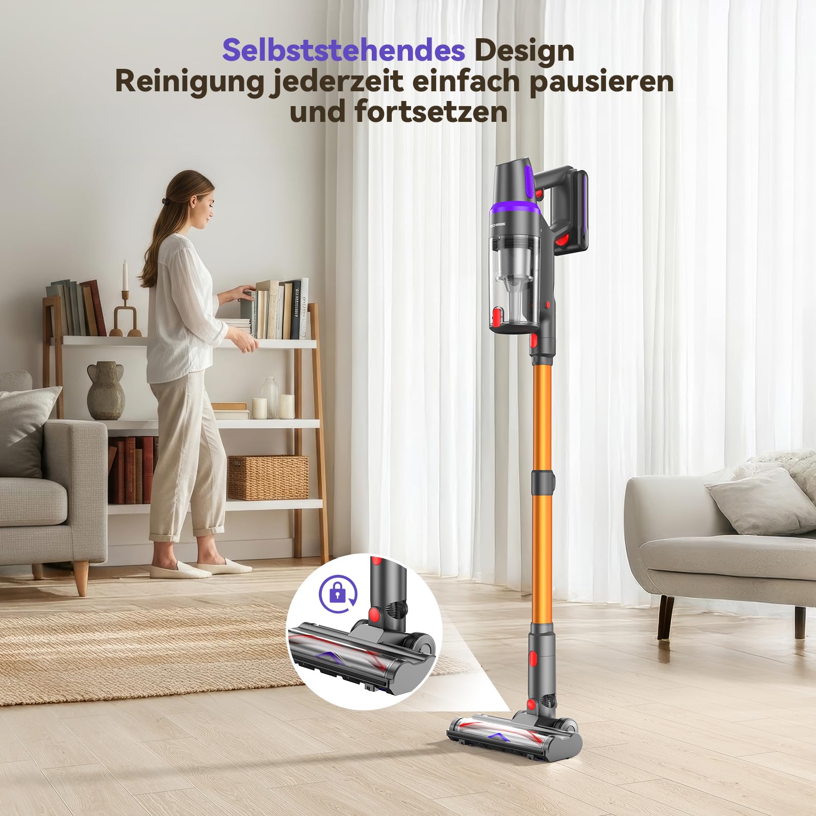 TechRise Akku Staubsauger 45000Pa/500W/60Min, Anti-Tangle-Bürste & 8-in-1-Funktion (Selbststehend) Staubsauger Kabellos mit Display, Stielstaubsauger für Zuhause, Tierhaare/Teppiche/Hartböden 8