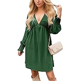 CUPSHE Women's Mini Dress Smocked V Neck Long Sleeve Empire Waist Casual A Line Dress