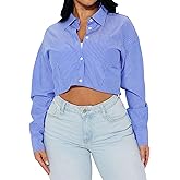SUNNOW Women's Long Sleeve Striped Shirt Slim Fit Short Hem Casual Button Down Blouse Comfortable Tops