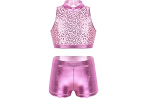 TiaoBug Girls Watersports Two-Piece Swimsuits Sparkly Sequins Cutout Back Crop Top with Shorts Tummy Control Bathing Suit