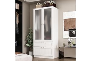 MOUMON Wardrobe Closet with 2 Acrylic Doors & 2 Drawers, Armoire Wardrobe Closet with Hanging Rod, for Bedroom Wood Grain (31.5”W x 19.9”D x 70.9”H)