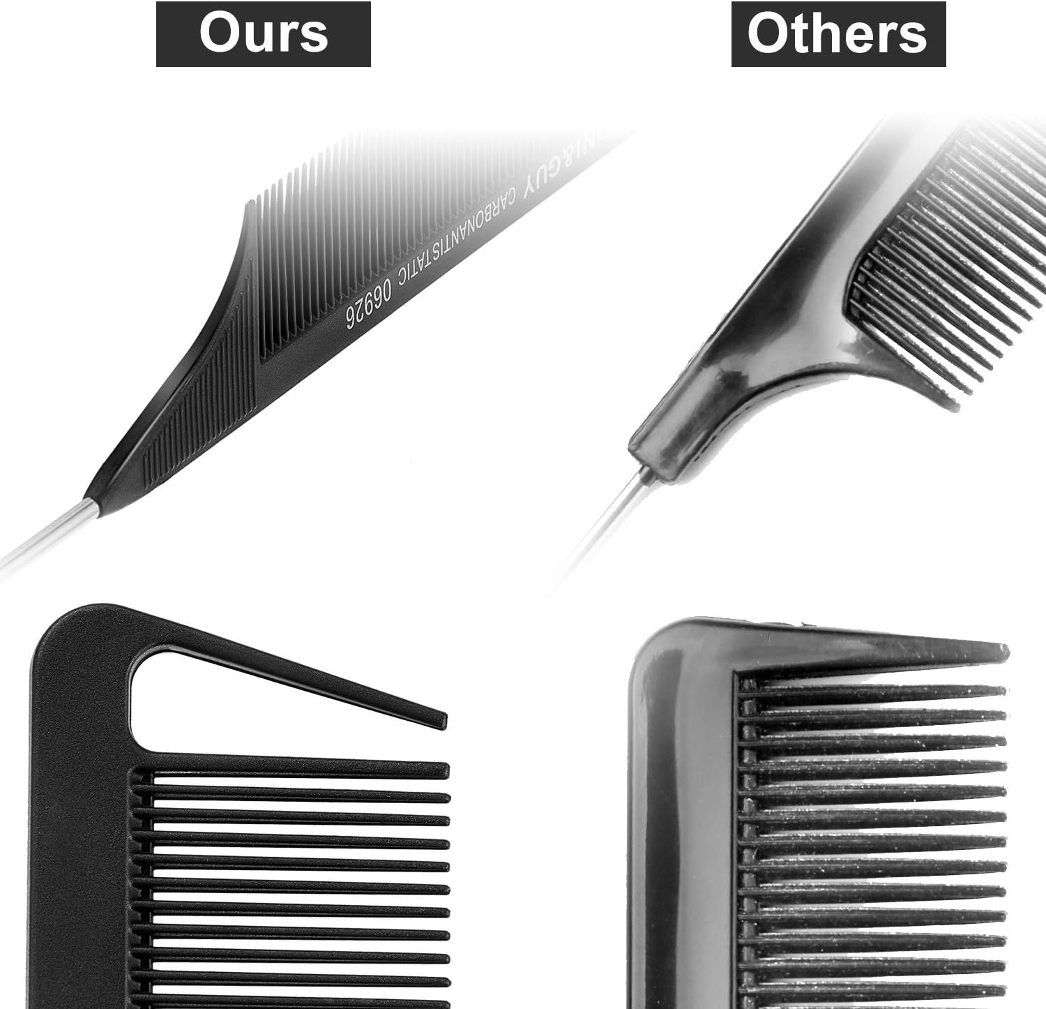 Boao 12 Packs Rat Tail Combs Black Hair Comb Stainless Steel Pin Rat Tail Carbon Fiber Heat Resistant Teasing Combs for Women Braids Hair Styling(Black) - Image 4