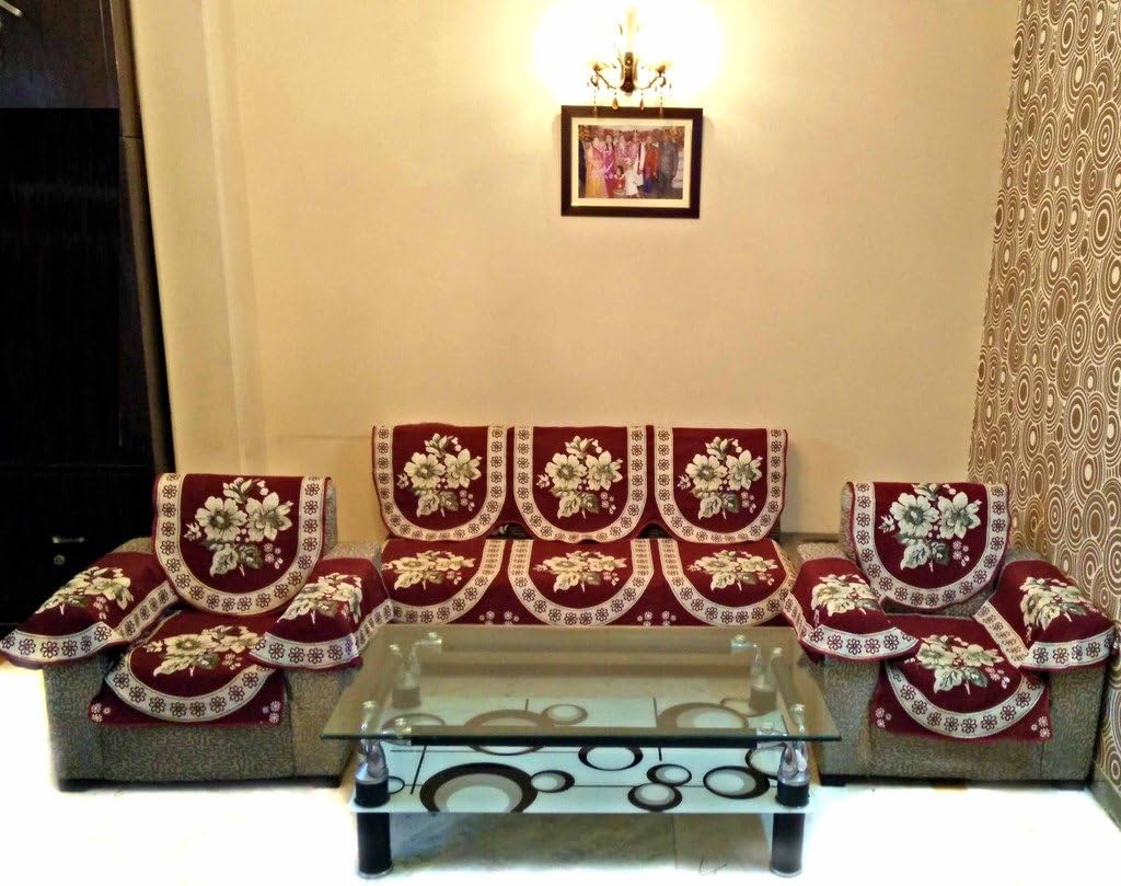 Shc Gold Lily Maroon Polycotton Sofa Slipcover Set With 6 Arms Cover