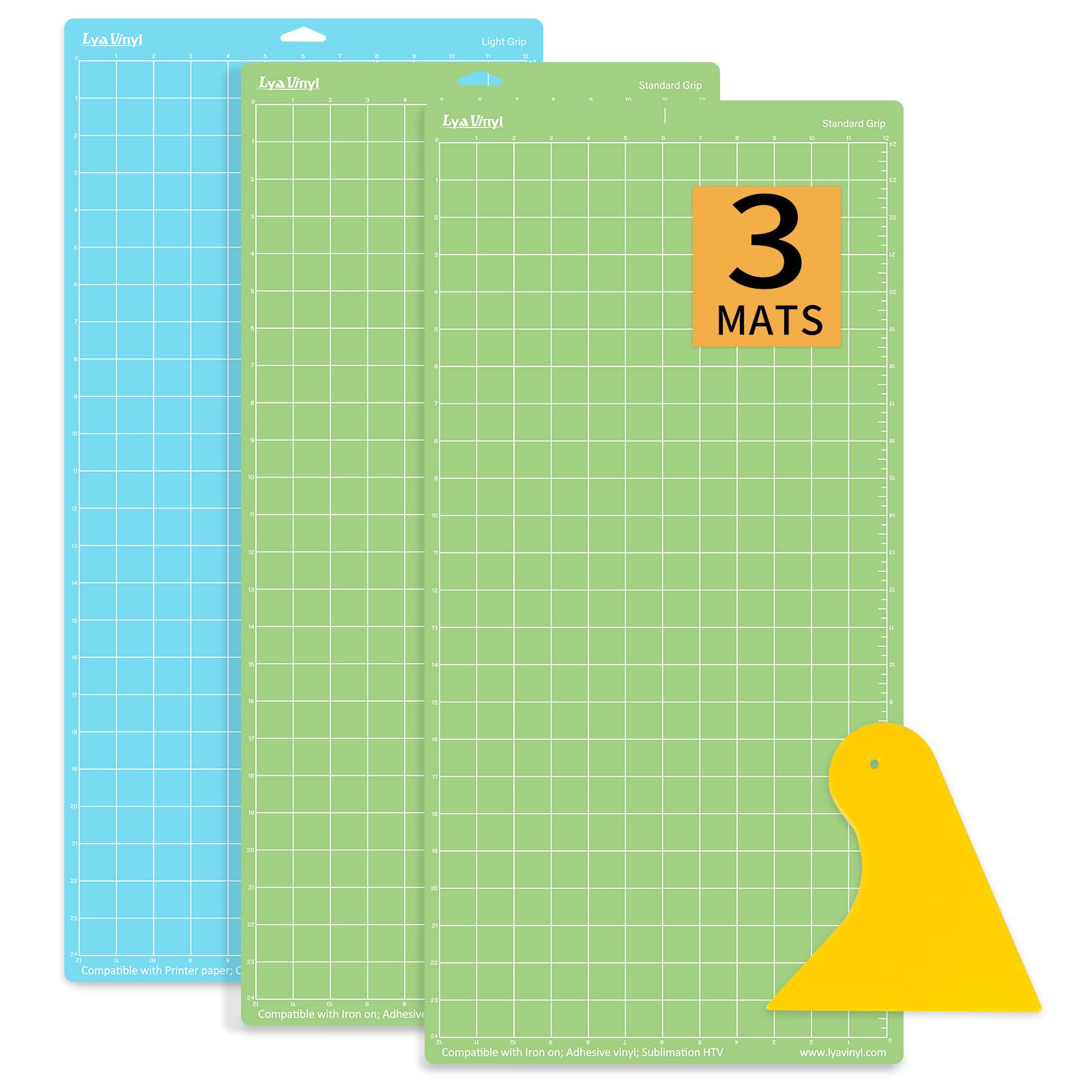 Lya Vinyl 3 Pack Variety Cutting Mats - 12x24 inch, 2 x StandardGrip, 1 x LightGrip for Cricut Explore Air Series