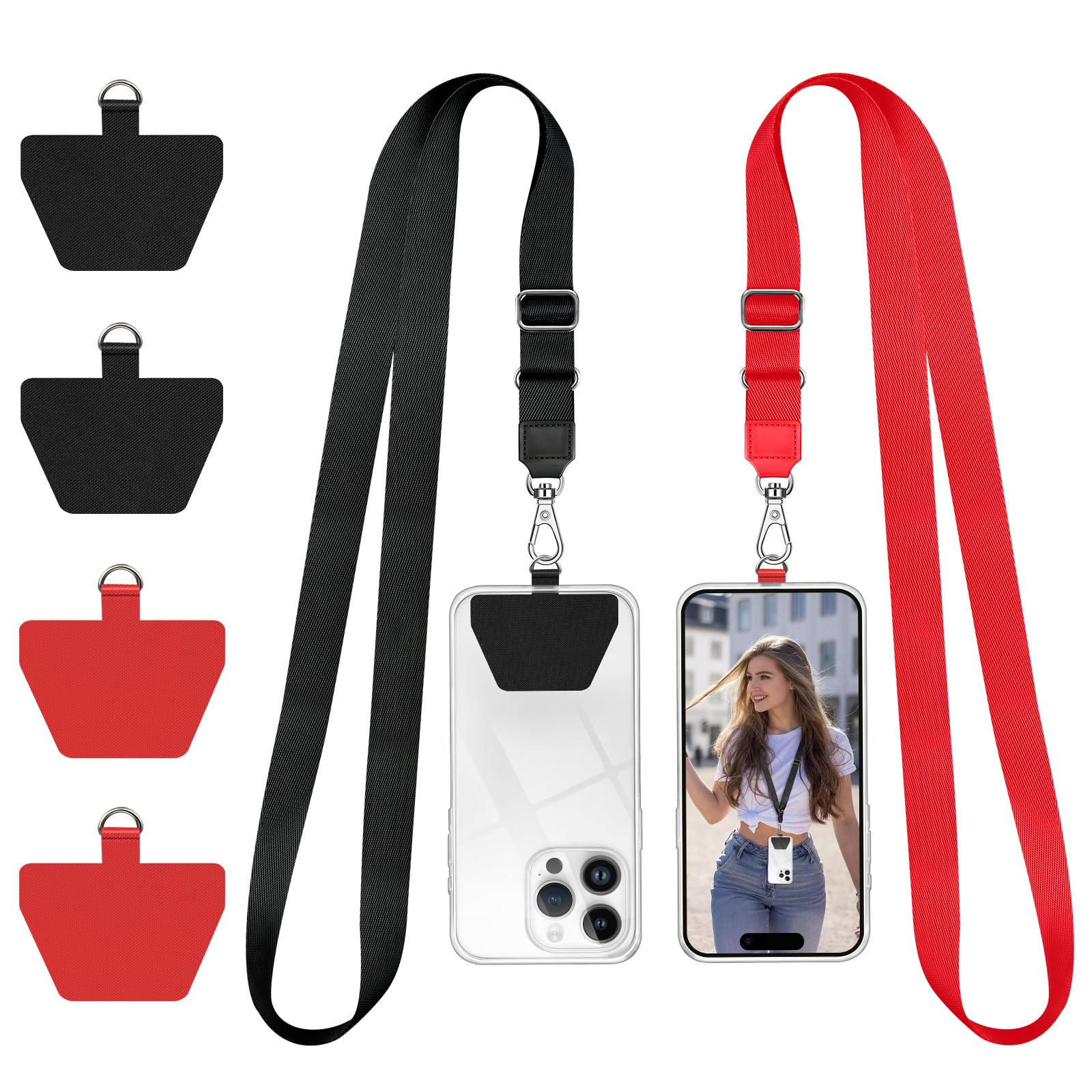 Doormoon Phone Lanyard, Universal Neck Strap with Patch for Phone Case Wallet Tether Key Chain ID Badge Holder for Most Smartphones, 2 Pack, Black Red