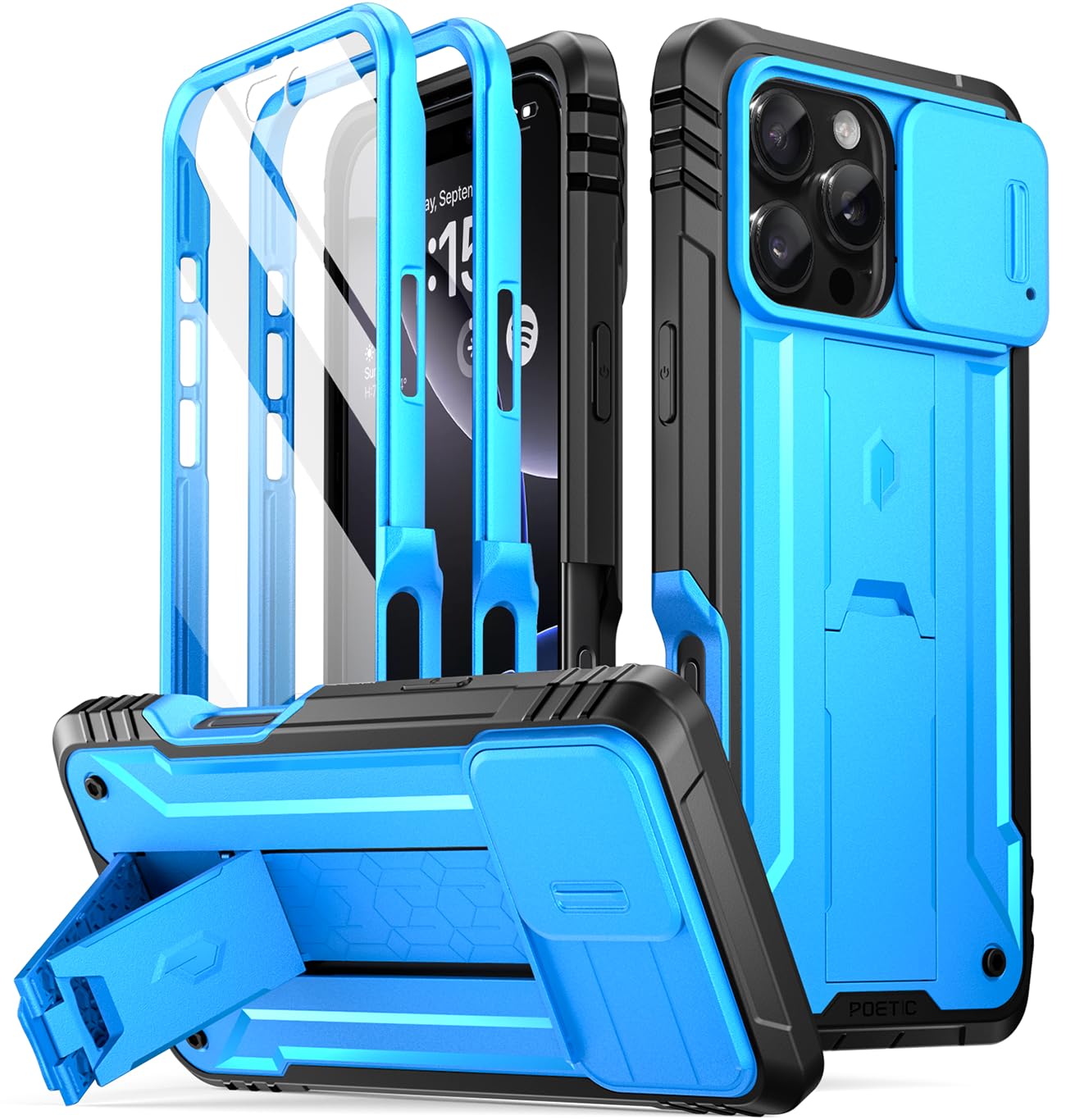 Poetic Revolution Case for iPhone 16 Pro 6.3 inch, [Slide Camera Cover], Full-Body Military Grade Rugged Shockproof Cover with Kickstand and Built-in-Screen Protector, Light Blue