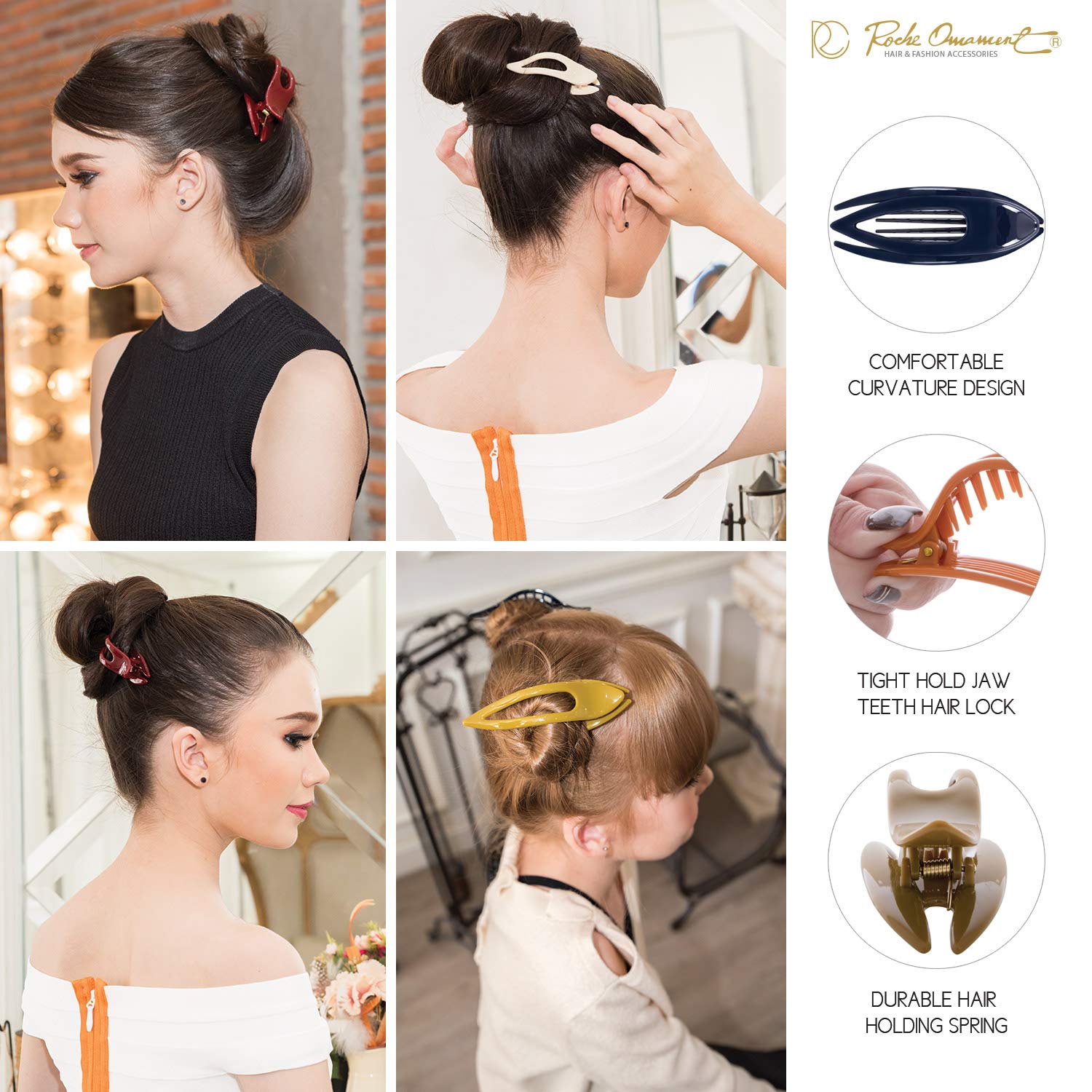 RC ROCHE ORNAMENT 6 Pcs Womens French Concord Curved Hair Clip No Slip Strong Grip Comfortable Hold Girls Ladies Beauty Accessory Pin Teeth Clamp, Large Classic Multicolor : Beauty