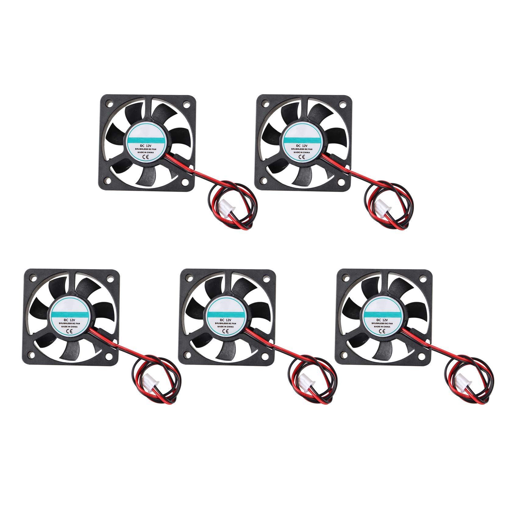 Jopto 5Pcs 3D Printer Fan 12V DC Brushless Quiet Cooling Fan 2 Pin 5010 50 x 50 x 10mm with 27cm Cable Compatible with 3D Printer Extruder Hotend Makerbot MK7 MK8 CPU Chip Arduino
