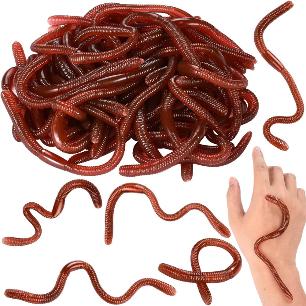 10 Pcs Fake Earthworm, Soft Stretchy Toys Realistic Fake Worms Plastic Lifelike Worm Prank Trick Toy for Halloween Decoration April Fools Day Party Favor Gifts.