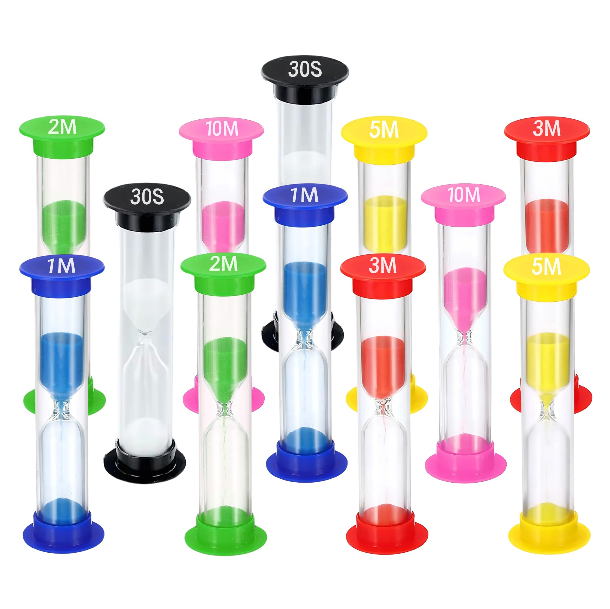 TeacherFav Sand Timer for Kids Set of 12 Small Colorful (Multi) Hour Glass Acrylic Covered Clock - 2 Pcs Each for 30Sec 1Min 2Min 3Min 5Min 10Min for Classroom, Home & Kids Room