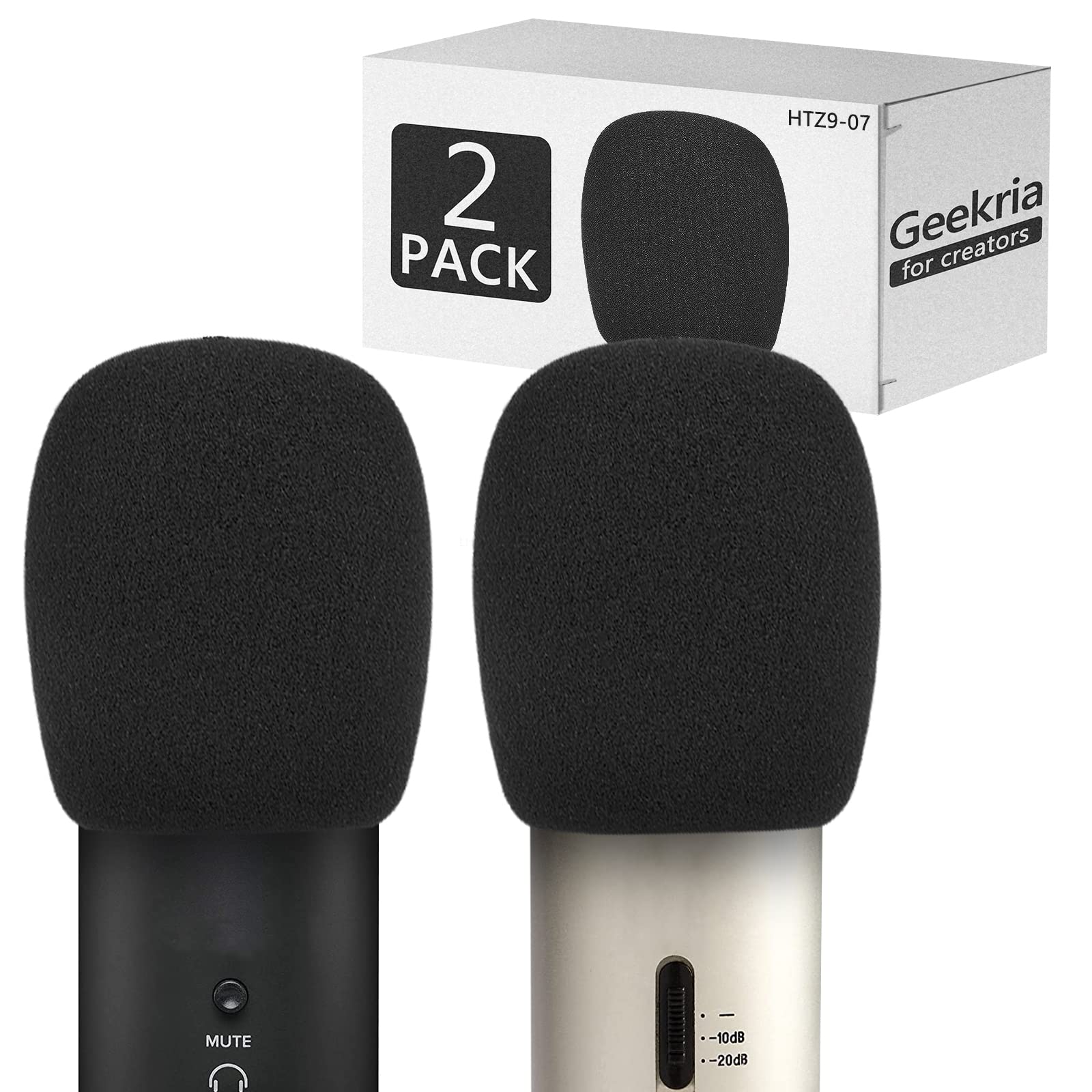 Geekria for Creators Foam Windscreen for 1.6" Diameter Microphones, Antipop Windshield, Mic Wind Cover, Sponge Foam Filter Compatible with TZ Stellar x2, Mackie EM-91C (Black / 2 Pack)