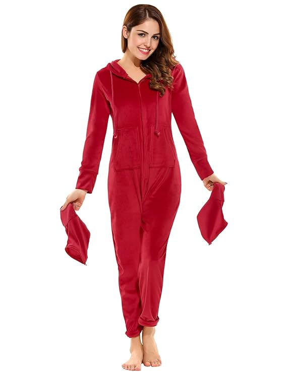 UNibelle Damen Erwachsenenstrampler mit Kapuzen Ganzkörperschlafanzug mit Füssen Hausanzug körpergrößenabhängige in ,Typ1-rot