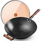 WANGYUANJI 14.17” Cast Iron Wok with Glass Lid – Traditional Round Bottom Chinese Wok for Gas Stove & Open Flame (Wok Ring Required) – Uncoated Clay-Mold “Turtle Shell” Texture – Seasoning Needed