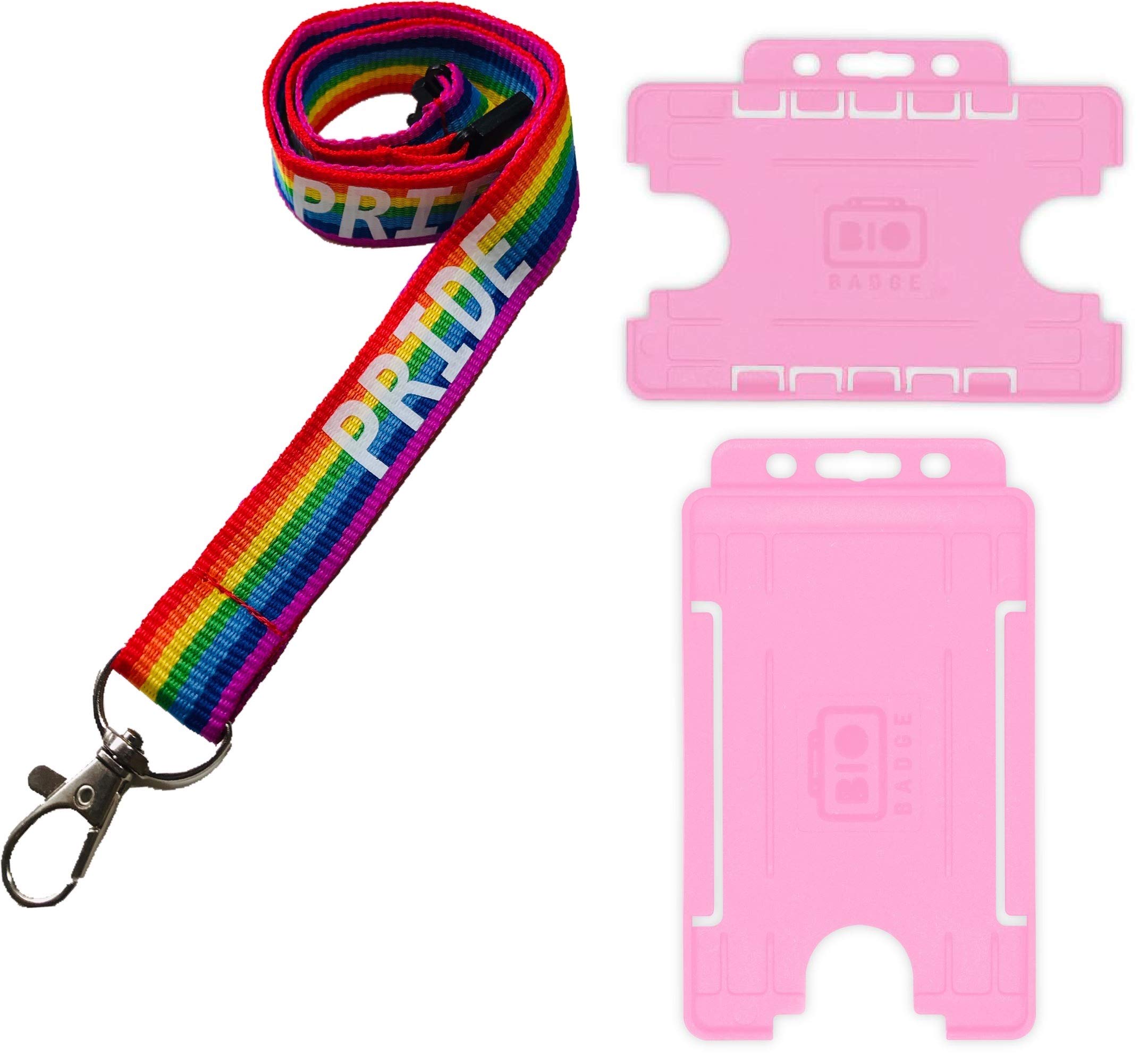 20mm Rainbow Pride Printed Neck Lanyard with Safety Breakaway & Double Pink ID Card Holder (Horizontal Card Holder)